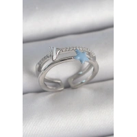 Pirinç Gümüş Renk 2Li Zirkon Taşlı Mavi Yıldız Figür Ayarlanabilir Kadın Yüzük