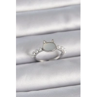 Pirinç Gümüş Renk Ayarlanabilir Beyaz Mineli Kedi Model İnci Detay Kadın Yüzük