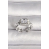 Pirinç Gümüş Renk Ayarlanabilir Zincir Kare Zirkon Taşlı Kadın Yüzük