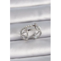 Pirinç Gümüş Renk Ayarlanabilir Zirkon Taşlı Kutup Yıldız İnci Detay Kadın Yüzük