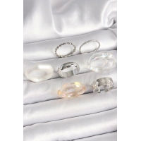 Pirinç Gümüş Renk Beyaz Akrilik Plastik Model Kutup Yıldız İşleme Detaylı Kadın Yüzük Kombini