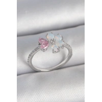 Pirinç Gümüş Renk Beyaz Mineli Pembe Zirkon Taşlı Çiçek Model Kadın Yüzük