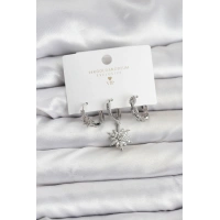 Pirinç Gümüş Renk Kutup Yıldızı Model 3lü Kadın Küpe Seti