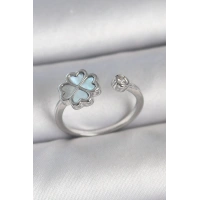 Pirinç Gümüş Renk Mavi Mineli Yonca Model Zirkon Taş Detay Ayarlanabilir Kadın Yüzük