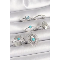 Pirinç Gümüş Renk Mavi Taşlı Kare Zirkon Taş Detaylı Kadın Yüzük Kombini