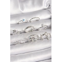 Pirinç Gümüş Renk Nazar Boncuk Detay İncili Kelebek İşlemeli Kadın Yüzük Kombini