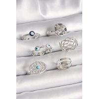 Pirinç Gümüş Renk Nazar Boncuk Zirkon Taş Detaylı Dalga Figür Kadın Yüzük Kombini