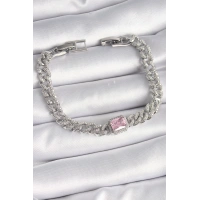 Pirinç Gümüş Renk Pembe Kare Zirkon Taşlı VIP Seri Kadın Bileklik