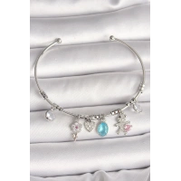 Pirinç Gümüş Renk Sallantı Zirkon Taşlı Ayıcık Figür Çiçek Detay Charm Kadın Bileklik