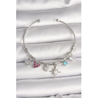 Pirinç Gümüş Renk Sallantı Zirkon Taşlı Kutup Yıldız Figür Kalp Detay Charm Kadın Bileklik