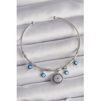 Pirinç Gümüş Renk Sallantı Zirkon Taşlı Nazar Boncuk Figür Charm Bileklik