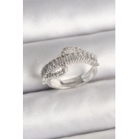 Pirinç Gümüş Renk Su Yolu Zirkon Taşlı Ayarlanabilir Model Kadın Yüzük