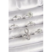 Pirinç Gümüş Renk Yonca Figür Sonsuzluk Zirkon Taşlı Kalp Detay Kadın Yüzük Kombini