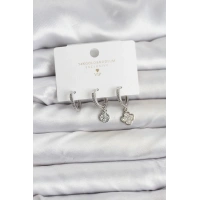 Pirinç Gümüş Renk Yonca Model 3lü Kadın Küpe Seti