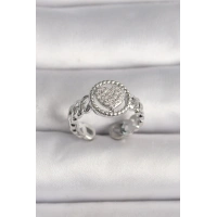 Pirinç Gümüş Renk Zincir Model Zirkon Taşlı Kalp Model Kadın Yüzük