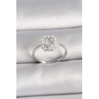 Pirinç Gümüş Renk Zirkon Taş Detaylı İncili Ayarlanabilir Yüzük