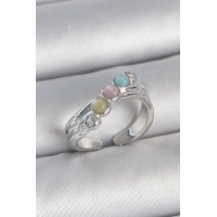 Pirinç Gümüş Renk Zirkon Taş Detaylı Renkli Mineli Ayarlanabilir Kadın Yüzük