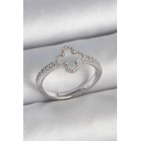 Pirinç Gümüş Renk Zirkon Taşlı Beyaz Mineli Yonca Model Ayarlanabilir Kadın Yüzük