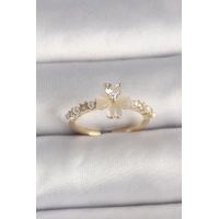 Pirinç Gümüş Renk Zirkon Taşlı Beyaz Mineli Yonca Model İnci Detay Ayarlanabilir Yüzük