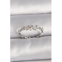 Pirinç Gümüş Renk Zirkon Taşlı Çiçek Model Ayarlanabilir Yüzük
