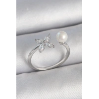 Pirinç Gümüş Renk Zirkon Taşlı Çiçek Model İnci Detay Ayarlanabilir Kadın Yüzük