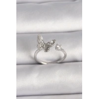 Pirinç Gümüş Renk Zirkon Taşlı Kelebek Model İnci Detay Ayarlanabilir Yüzük