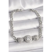 Pirinç Gümüş Renk Zirkon Taşlı Leopar Figür Zincir Model Kadın Bileklik