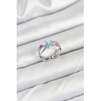 Pirinç Gümüş Renk Zirkon Taşlı Mavi Çiçekli Kadın Yüzük