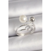 Pirinç Gümüş Renk Zirkon Taşlı Toplu İnci Model Kadın Yüzük