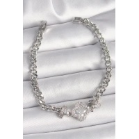 Pirinç Gümüş Renk Zirkon Taşlı Yonca Figür Zincir Model Kadın Bileklik