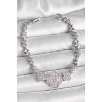 Pirinç Gümüş Renk Zirkon Taşlı Yonca Model Zincir Model Kadın Bileklik