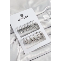 Pirinç Karışık Halka Model Gümüş Renk 6 Çift Kadın Küpe Set