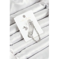 Pirinç Kelebek Figürlü Zirkon Taşlı Gümüş Renk 3lü Kıkırdak Kadın Küpe Set