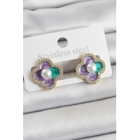 Pirinç Mor Mineli İnci Detaylı Zirkon Taşlı Sanatsal Portre Yonca Model Gold Renk Kadın Küpe