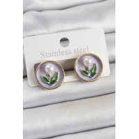 Pirinç Mor Mineli Lale Figürlü Sanatsal Portre Model Gold Renk Kadın Küpe