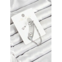 Pirinç Ok Figürlü Zirkon Taşlı Gümüş Renk 3lü Kıkırdak Kadın Küpe Set