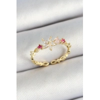 Pirinç Papatya Figürlü Zirkon Taşlı Gold Renk Ayarlanabilir Kadın Yüzük