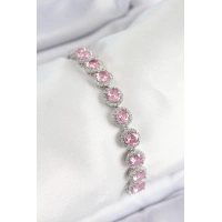 Pirinç Pembe Zirkon Taşlı Daire Baget Model Gümüş Renk VIP Seri Kadın Bileklik