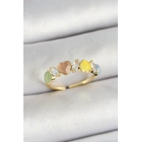 Pirinç Sıralı Kalp Figürlü Zirkon Taşlı Gold Renk Ayarlanabilir Kadın Yüzük