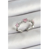 Pirinç Sıralı Kalp Figürlü Zirkon Taşlı Gümüş Renk Ayarlanabilir Kadın Yüzük