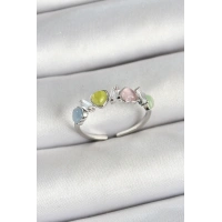 Pirinç Sıralı Kalp Figürlü Zirkon Taşlı Gümüş Renk Ayarlanabilir Kadın Yüzük