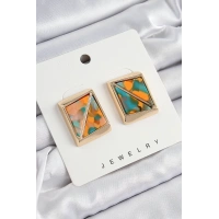 Pirinç  Turuncu Yeşil Üçgen Kesim Detaylı Kare Model Vintage Gold Renk Kadın Küpe