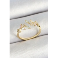 Pirinç Yaprak Figürlü Zirkon Taşlı Gold Renk Ayarlanabilir Kadın Yüzük