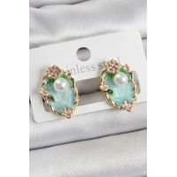 Pirinç Yeşil Mineli İnci Detaylı Sanatsal Portre Model Gold Renk Kadın Küpe