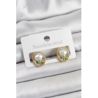 Pirinç Yeşil Mineli Lale Figürlü Sanatsal Portre Model Gold Renk Kadın Küpe