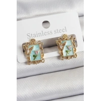 Pirinç Yeşil Mineli Sanatsal Portre Model Gold Renk Kadın Küpe