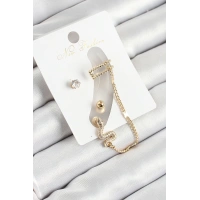 Pirinç Yılan Figürlü Zirkon Taşlı Gold Renk 3lü Kıkırdak Kadın Küpe Set