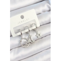 Pirinç Zirkon Taşlı Ay Ve Yıldız Model Gümüş Renk 3lü Çift Kadın Küpe Set