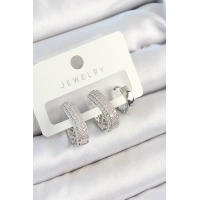 Pirinç Zirkon Taşlı Damla Model Gümüş Renk 3lü Çift Kadın Küpe Set