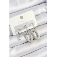 Pirinç Zirkon Taşlı Dikdörtgen Model Gümüş Renk 3lü Çift Kadın Küpe Set